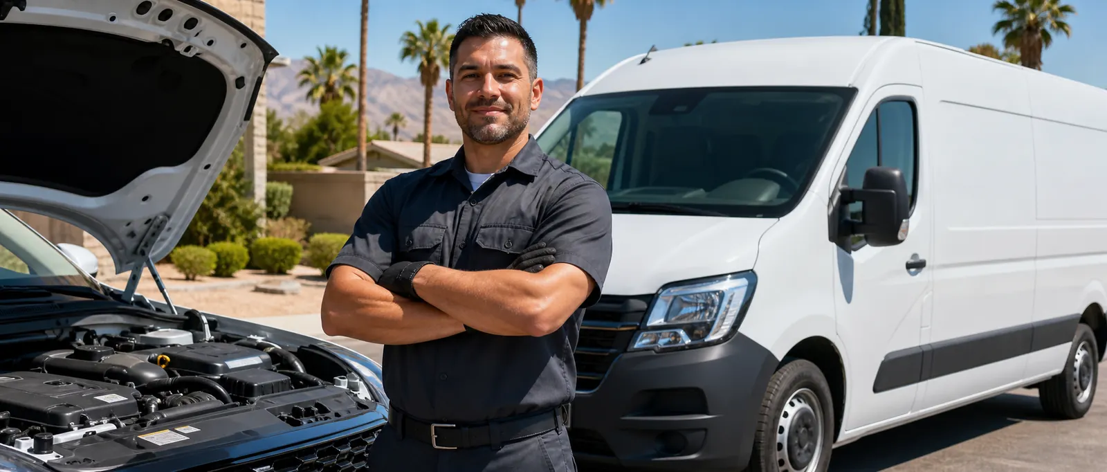Professional mobile mechanic service van beside an open hood in Las Vegas